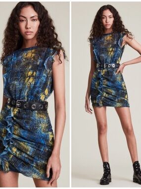 All Saints Hali Mirus Mini Short Dress Snakeskin Blue Yellow Size Women’s 4